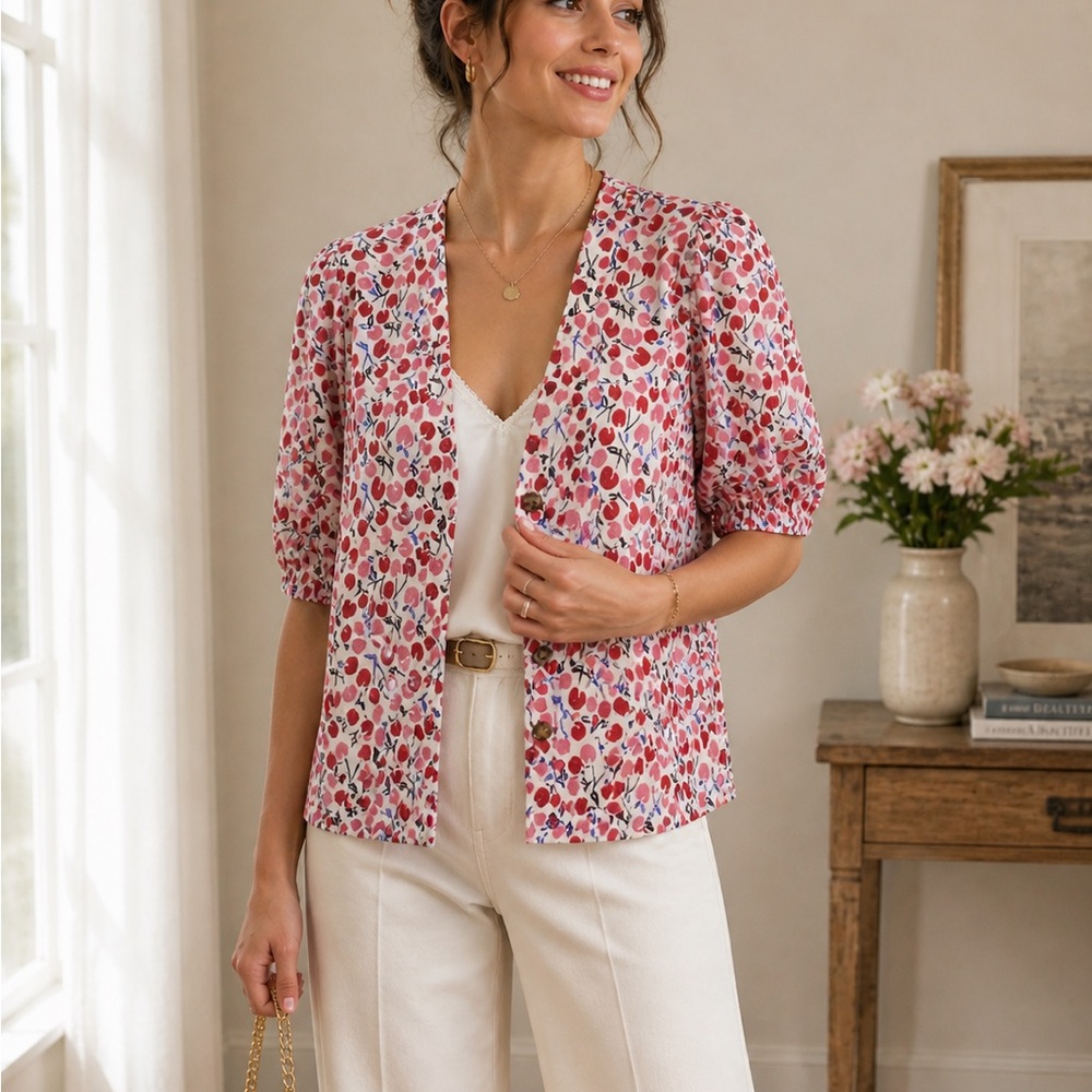 Cherry Print Cardigan * Button Front * PinkRed Fruit Print * Size S/M